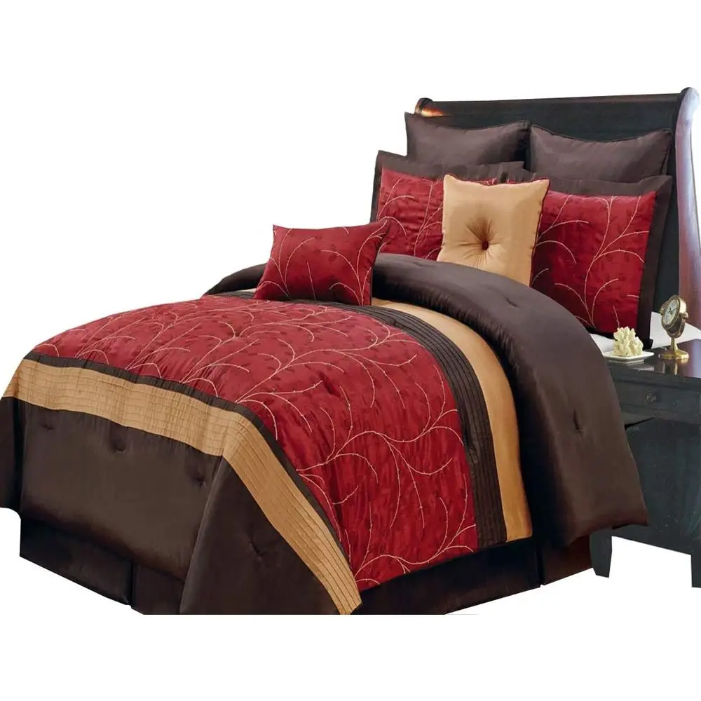 Atlantis Red, Gold and Chlate Queen Size Luxury 8 Piece Comorter Set Includes Comorter, Bed Skirt, Pillow Shams, Decorative Pill