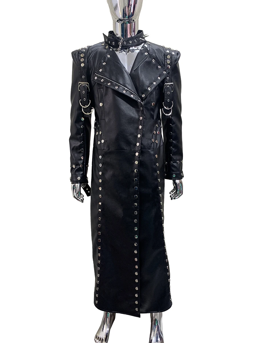 Mauroicardi Spring Autumn Cool Long Black Hard Pu Leather Coat Men Rivet Luxury Designer Punk Style Clothes Fashion Streetwear