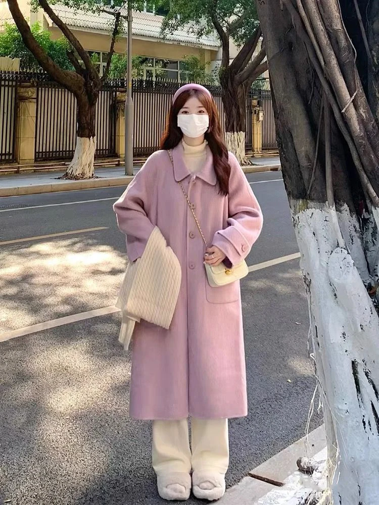 

Women Midi Woolen Coats Autumn Winter Peter Pan Collar Button Preppy Outwear Long Sleeve Office Lady Loose Casual Sweet Tops New