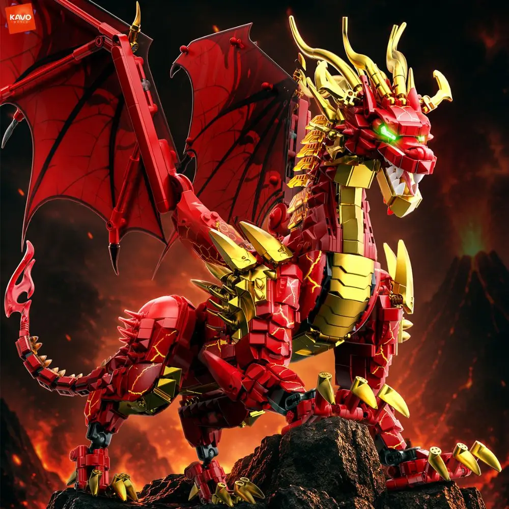 Image of KAVOWORLD 1919-teiliger Rot-Goldener Feuerdrachen Baukasten mit LED-Beleuchtung Bewegliche Flügel Bausteine Set Feiertagsgeschenke für Kinder