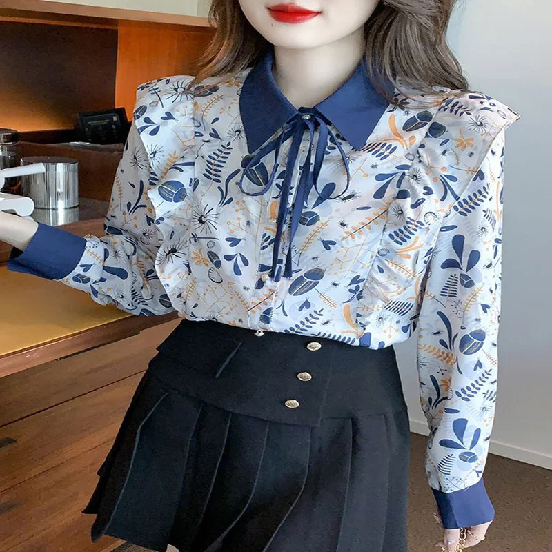 Fashion Printed Button Ruffles Lace Up Bow Shirts Female Clothing 2023 Autumn New Casual All-match Tops Office Lady Blouses