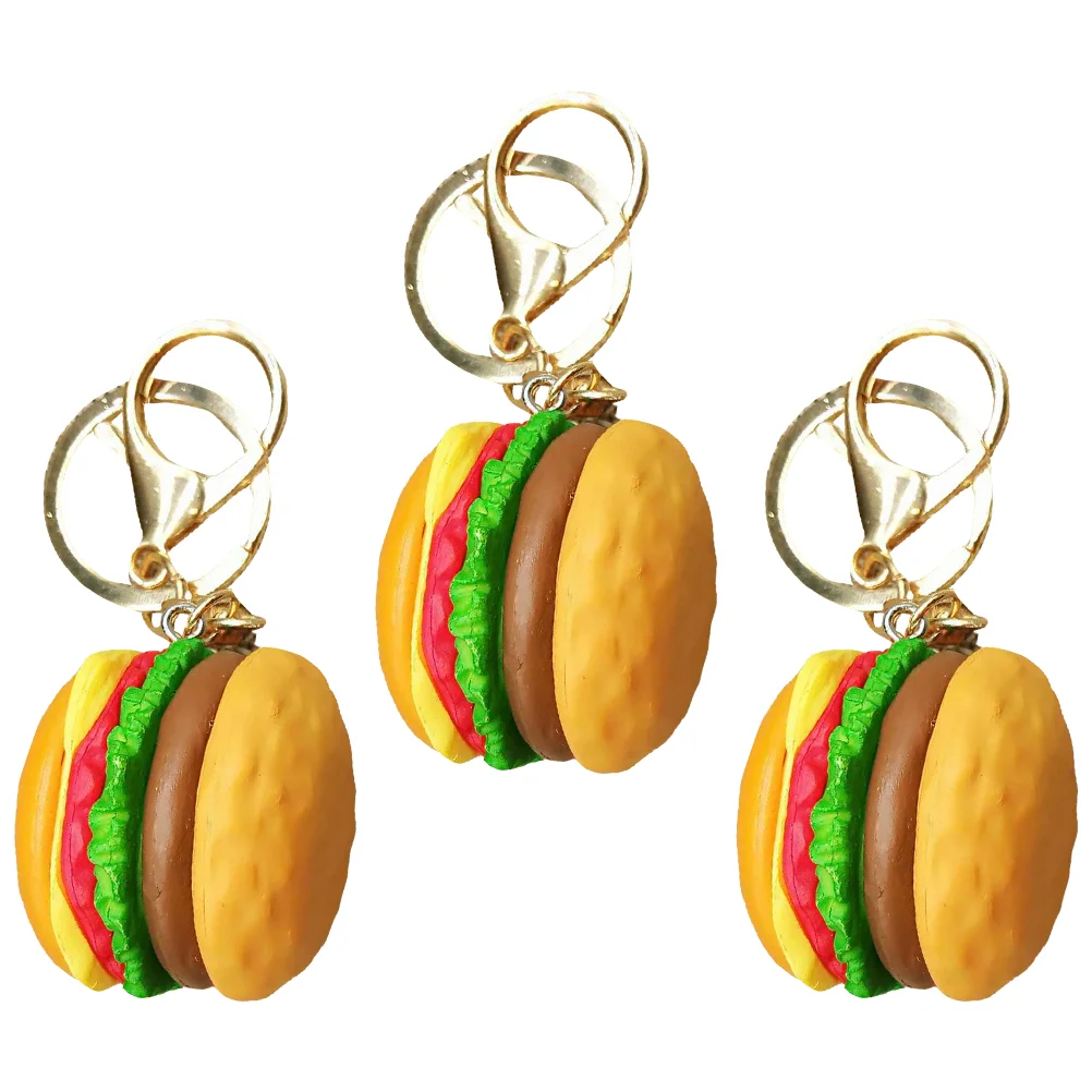 3 Pcs Car Key Chain Hamburger Keychain Charm Ring Rings Miniature Alloy Keyring Pendants Golden Keychains Bag Hanging