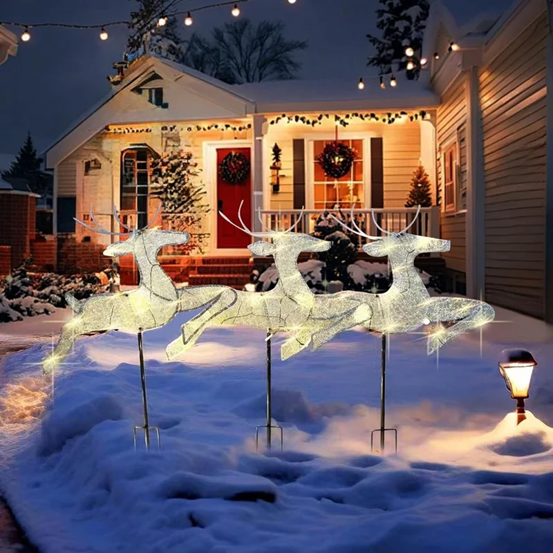 3PCS Christmas Outdoor Decoration Lights Lighted Decorations 2D Reindeer Family Outdoor Lawn Yard Decorations Light