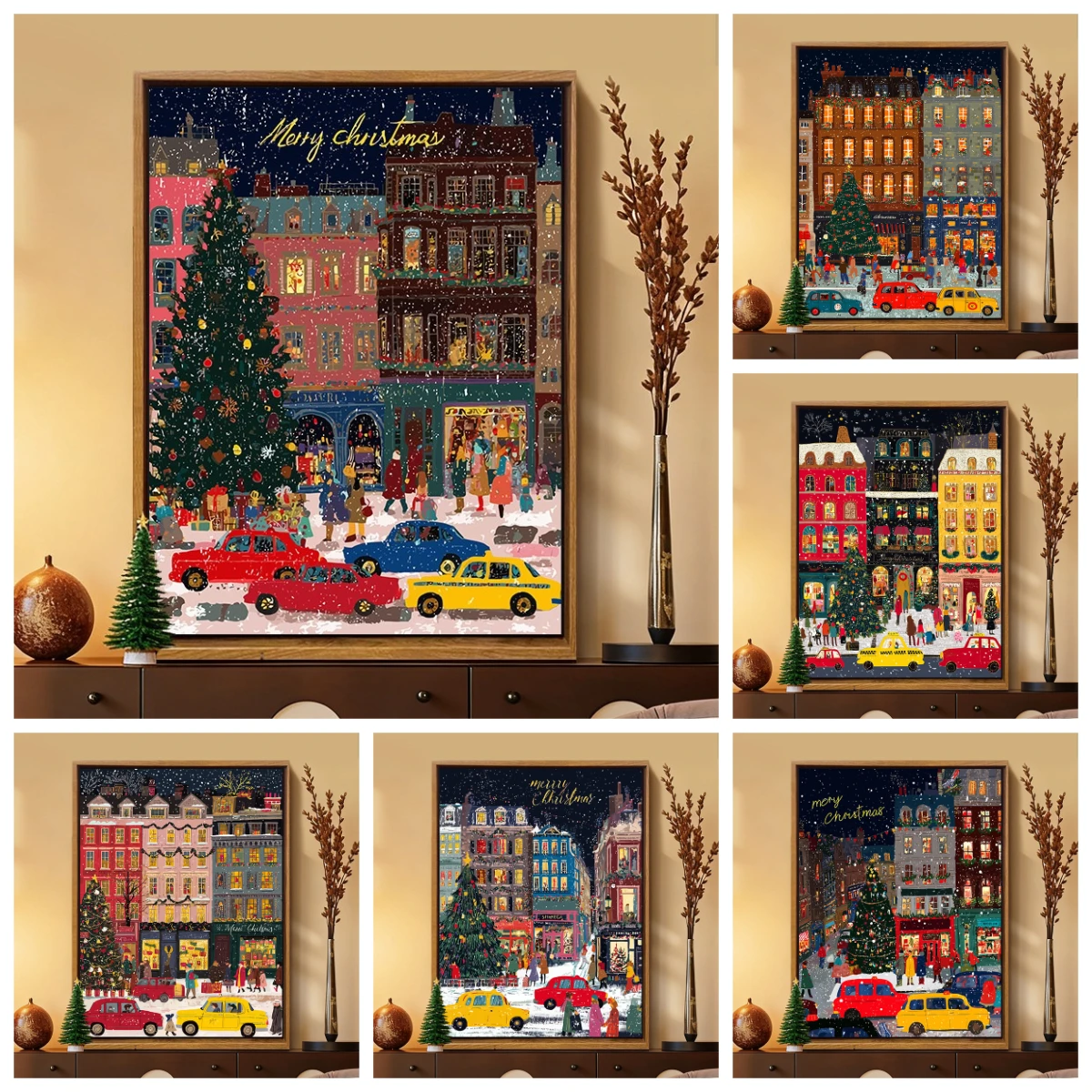 

Рождественские зимние огни Лондонские уличные наклейки DIY цифровые картины маслом ручная роспись наполненные окрашенные лечебные декоративные завески