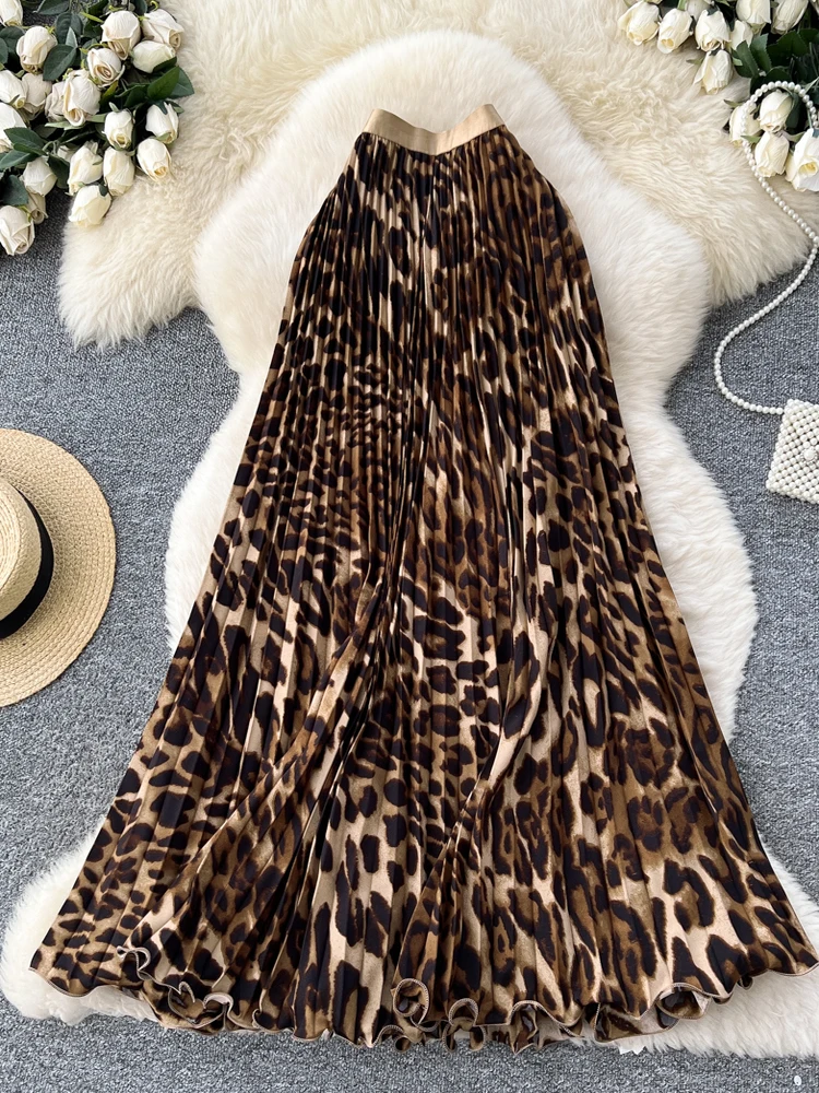 エレ ミッドレングス Aラインスカート レディース ハイウエスト 着痩せ プリーツ 通勤スカート レオパード柄 スレシ カジュアル ポリエステル...