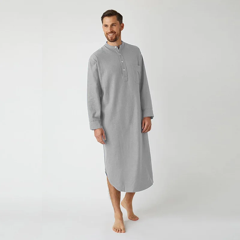 Muslim Robe Men\'s Nightgown Long Sleeve Button Solid Color Arabian Shirt