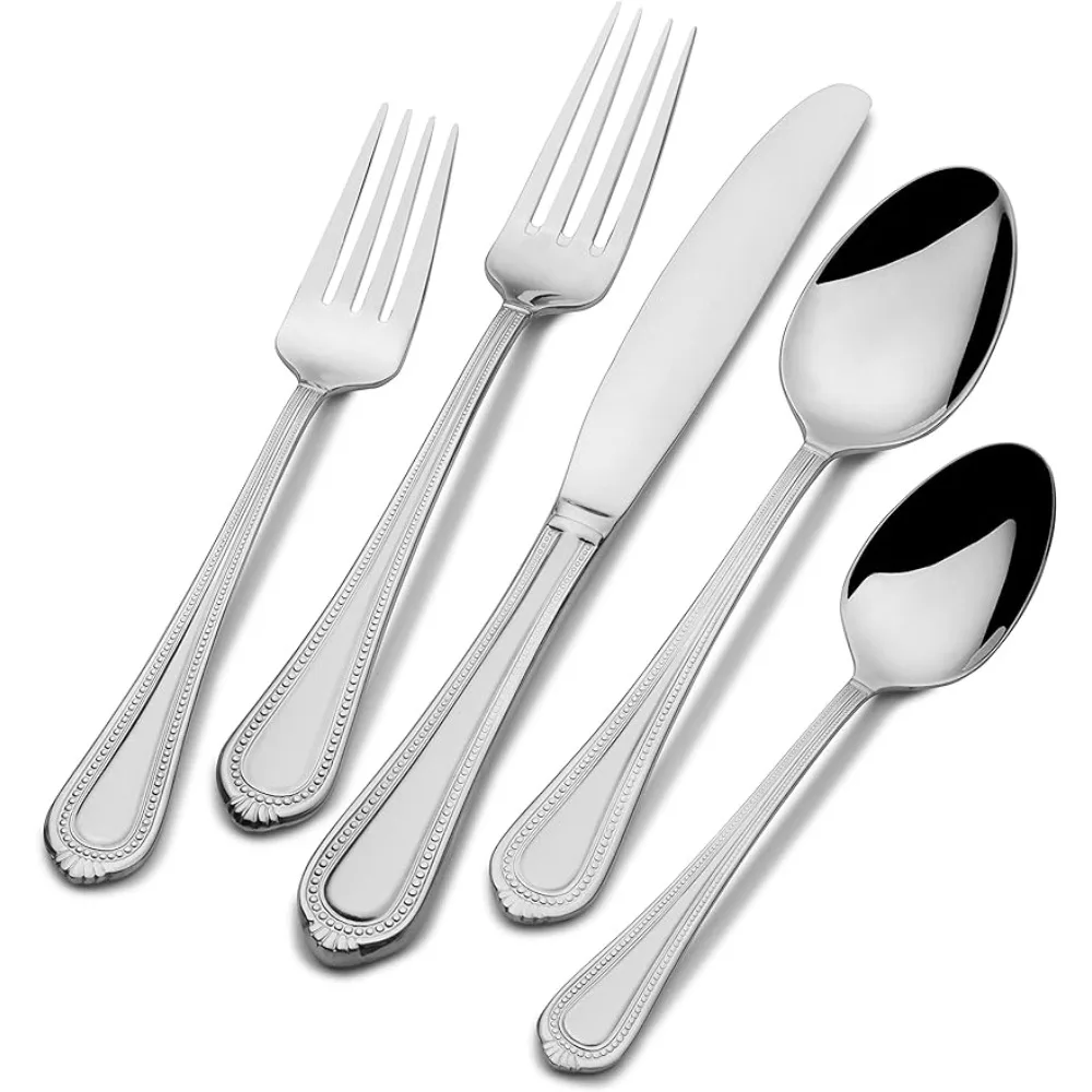 18.10 Polished Mirror Stainless Steel Beautiful Tableware Set of Plates Regent Bead 65 Piece Silverware Set Tea Spoon Covered