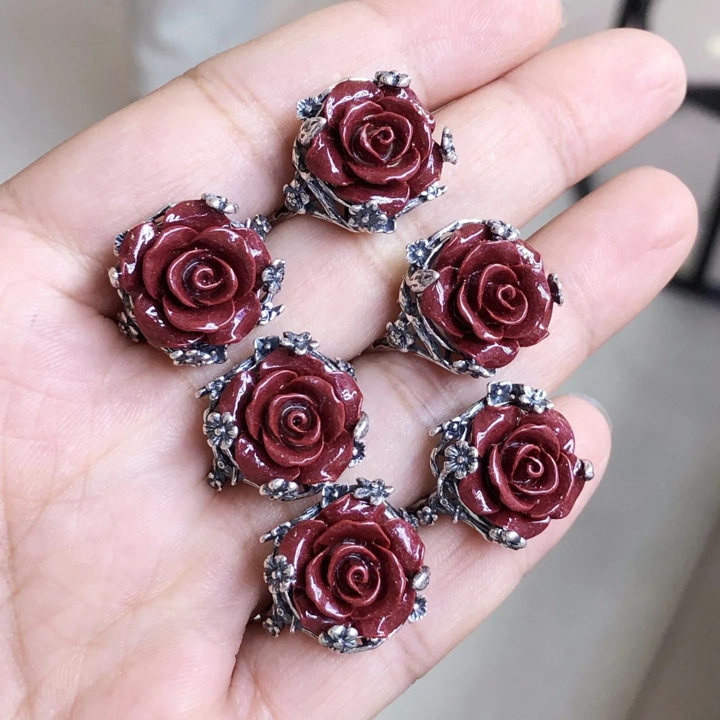 

1 Pc Fengbaowu Cinnabar Flower Ring 925 Sterling Silver 14MM Flower Resizable Reiki Healing Stone Jewelry Gift For Women