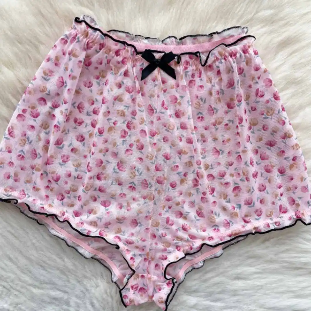 Women Sweet Homewear Suits Floral Print Ruched Straps Tops High Waist Wide Legs Shorts Hotsweet Thin Cozy Sets image 6