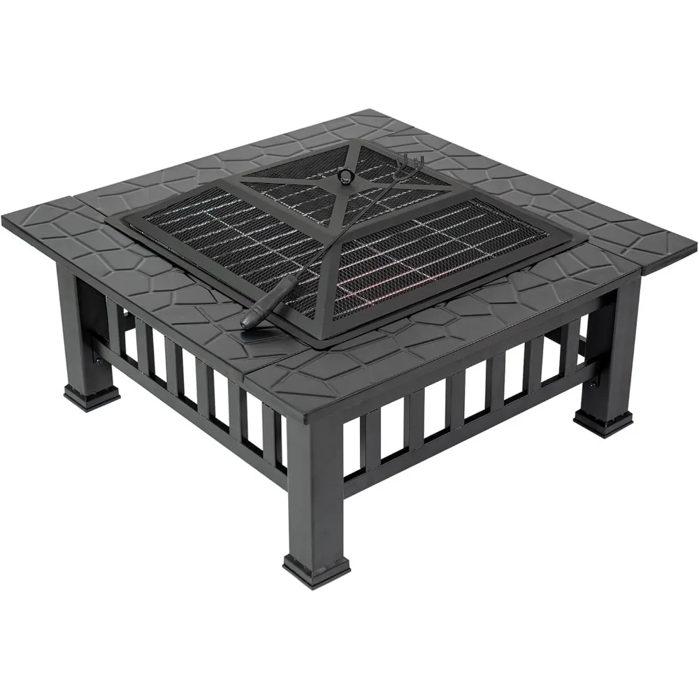 Outdoor Fire Pit Table, 32 inch Multifunction Metal Square Fire Pit in Black with Spark Screen Lid, Cooking Grate