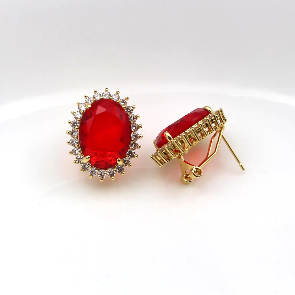 6pair Quality Colors Red Blue CZ Zircon Oval Earrings Post Silver Gold Plated Copper Studs For DIY Women Handmade Earrings