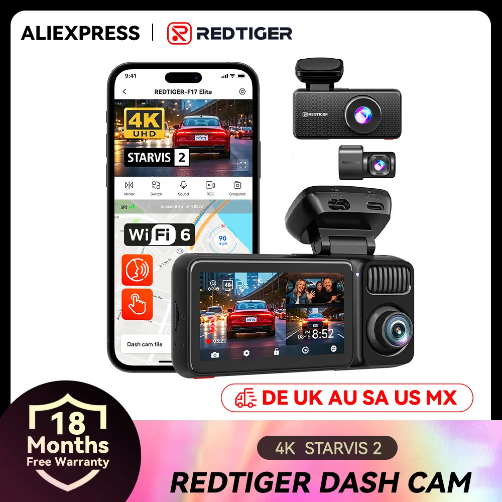 REDTIGER F17 Elite 4K 3 canales Dash Cam 5,8 Ghz Wifi 6 pantalla táctil a Color noche completa Control de voz cámaras de coche 128GB tarjeta HDR