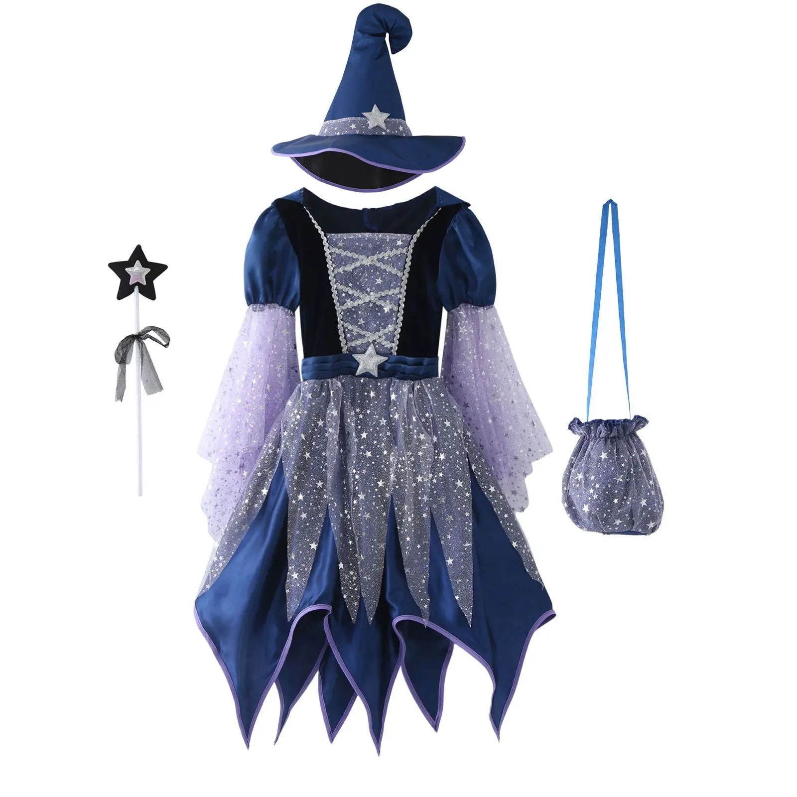 Allerheiligen Kinder Dunkelblaues Stern-Tüll-Hexenkostüm 4-teiliges Set Kleid+Zauberhut+Zauberstab-Tasche Mädchen Halloween Cosplay Outfit – Detail 2
