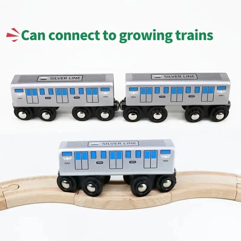 4pcs Trains Toy With Extended Silvery Body And 8-Wheel Design, Compatible With Major Wooden Train Track Brands