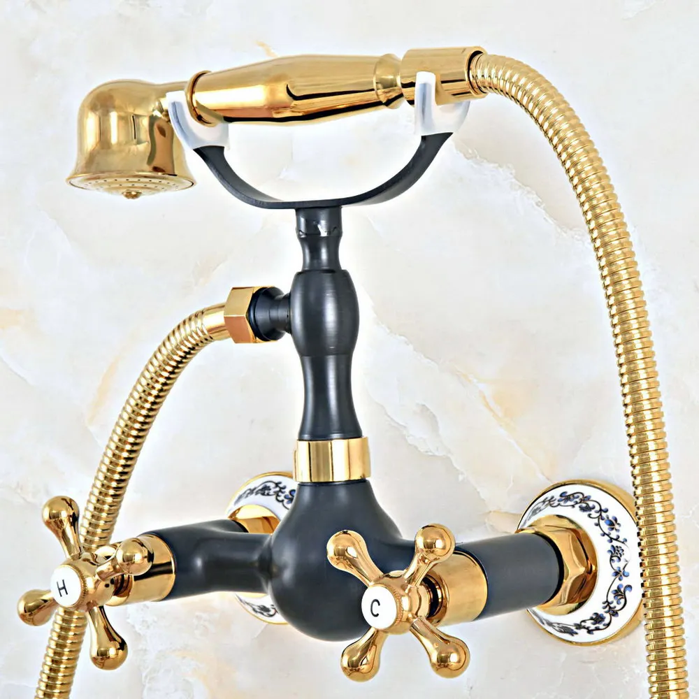 

Black Oil Rubbed & Gold Brass Wall Mounted Bathroom Hand Shower Faucet Set with 1500MM Hose Handheld Spray Head Mixer Tap Dna452