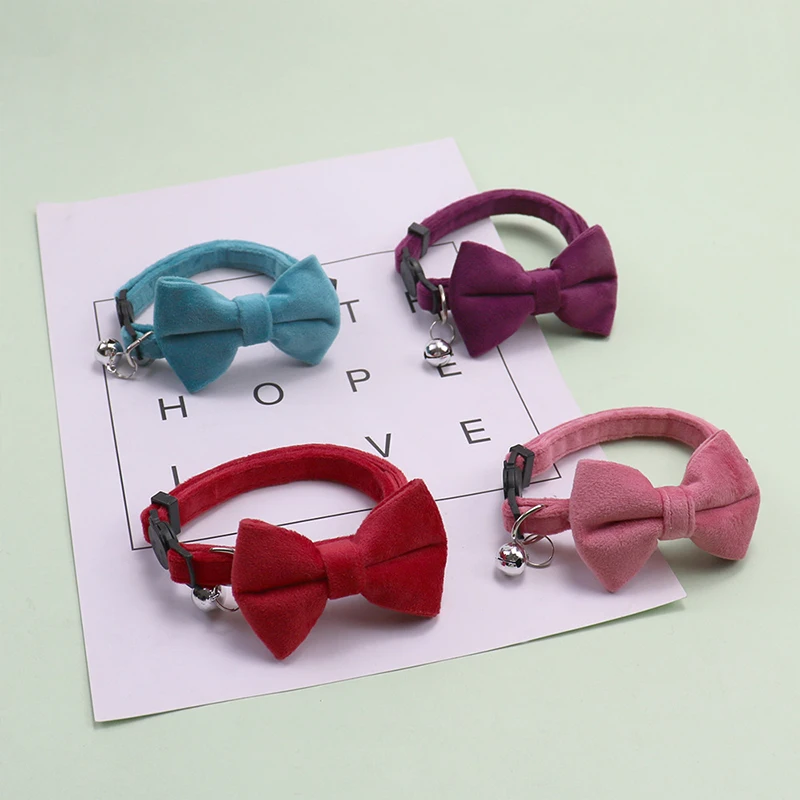 Adjustable Soft Velvet Elastic Bowknot Candy Color Cat Collar Buckle Gatos Bow Tie Small Dog Soft Pet Collar With Bell YZL25