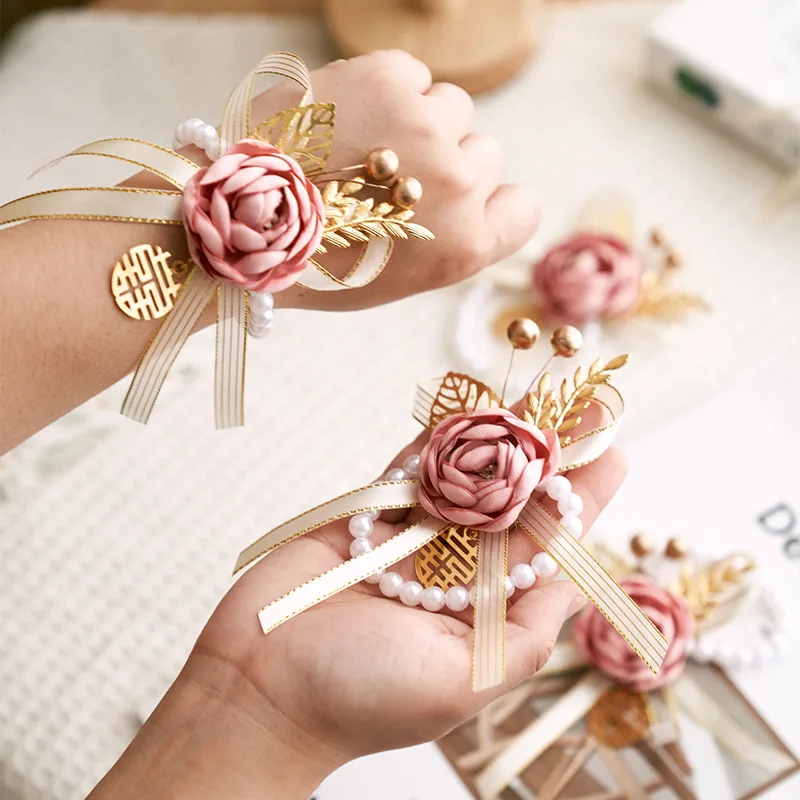 

Noble Bridesmaid Bride Wrist Flower Imitation Pearly Pink Peony Wrist Corsage Wedding Ball Party Ribbon Rose Wedding Bracelet