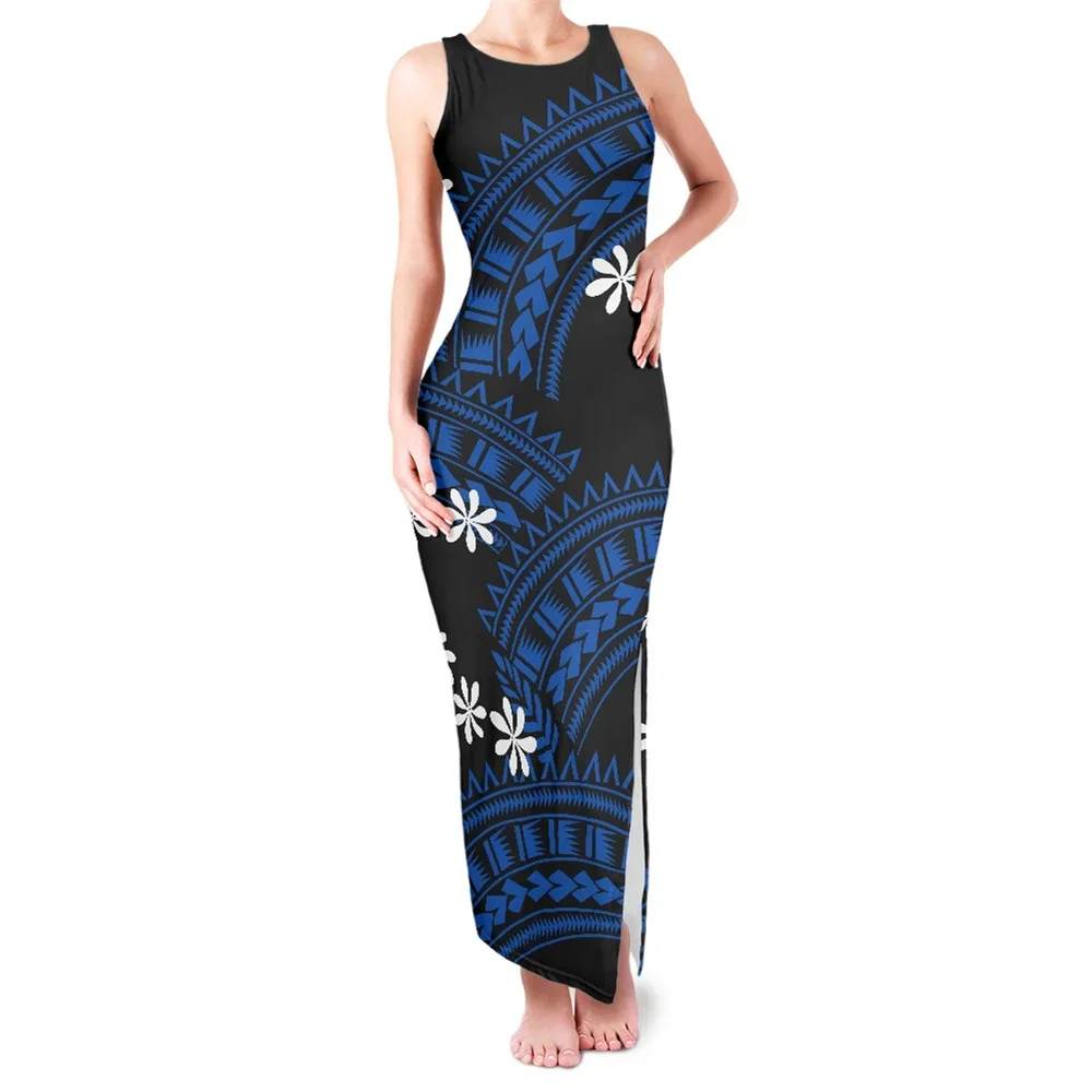 

Summer Tank Sleeveless Slit Dresses Bodycon Elegant Evening Party Polynesian Tribal Clothing Samoan Fijian Tapa Design For Women