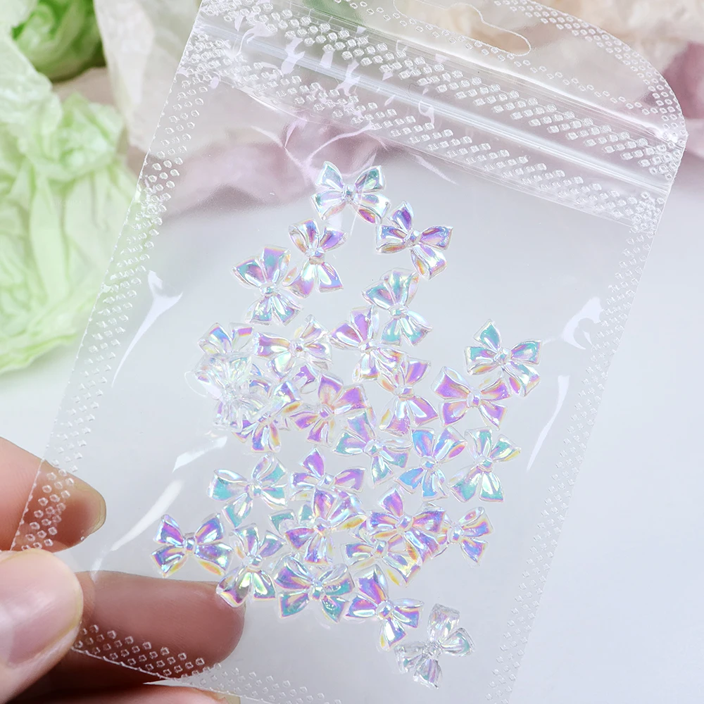 30pcs/bag Aurora Bowknot Epoxy Resin Filling Accessories Transparent Short Bow Resin Art Charms Spring DIY Jewelry Crafts Making