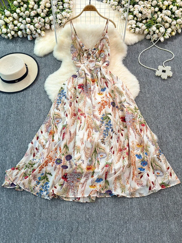 Robe Camisole à fleurs colorées, col en v, pour femmes, style bohème, vacances en bord de mer, robe longue trapèze, nouvelle collection été 2025 C09