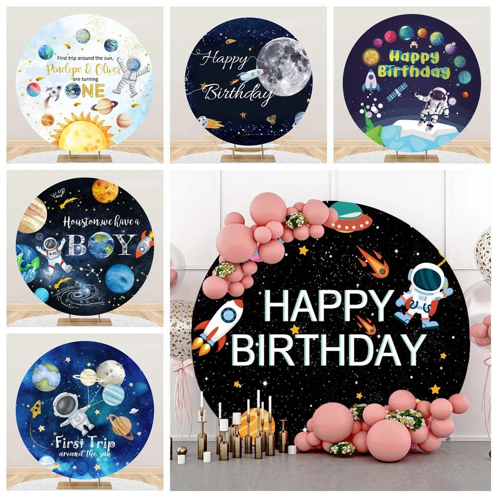 Outer Space Universe Planet Round Backdrop Cover Starry Sky Galaxy Moon Astronaut Rocket Baby Kids Birthday Circle Background
