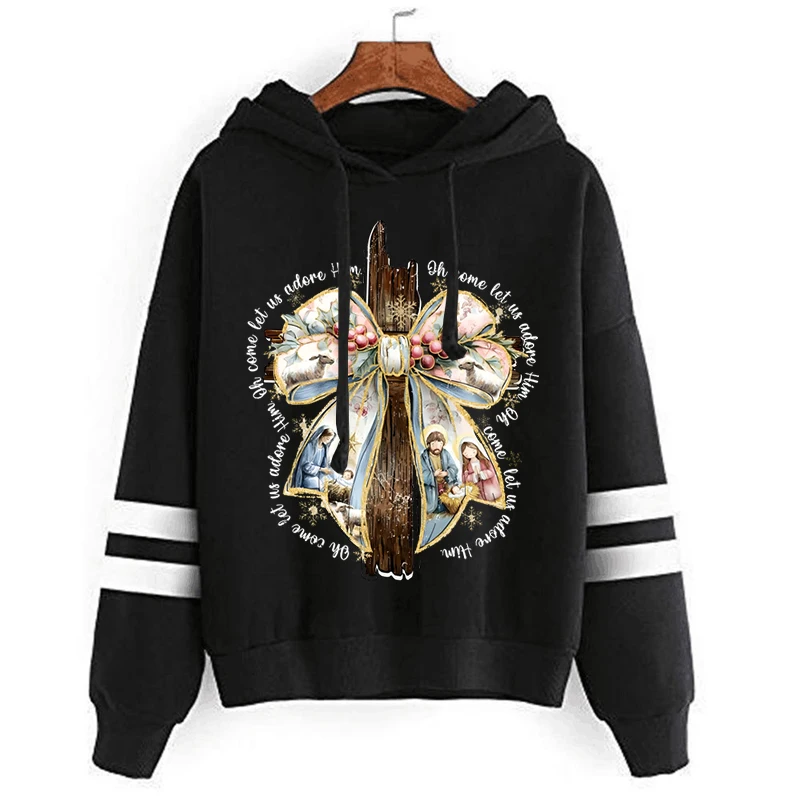 Jesus Christmas Bow Glitter Women Hoodie "Oh Come Let Us Adore Him" Christian Christmas Hoody Vintage Nativity Female Sweatshirt