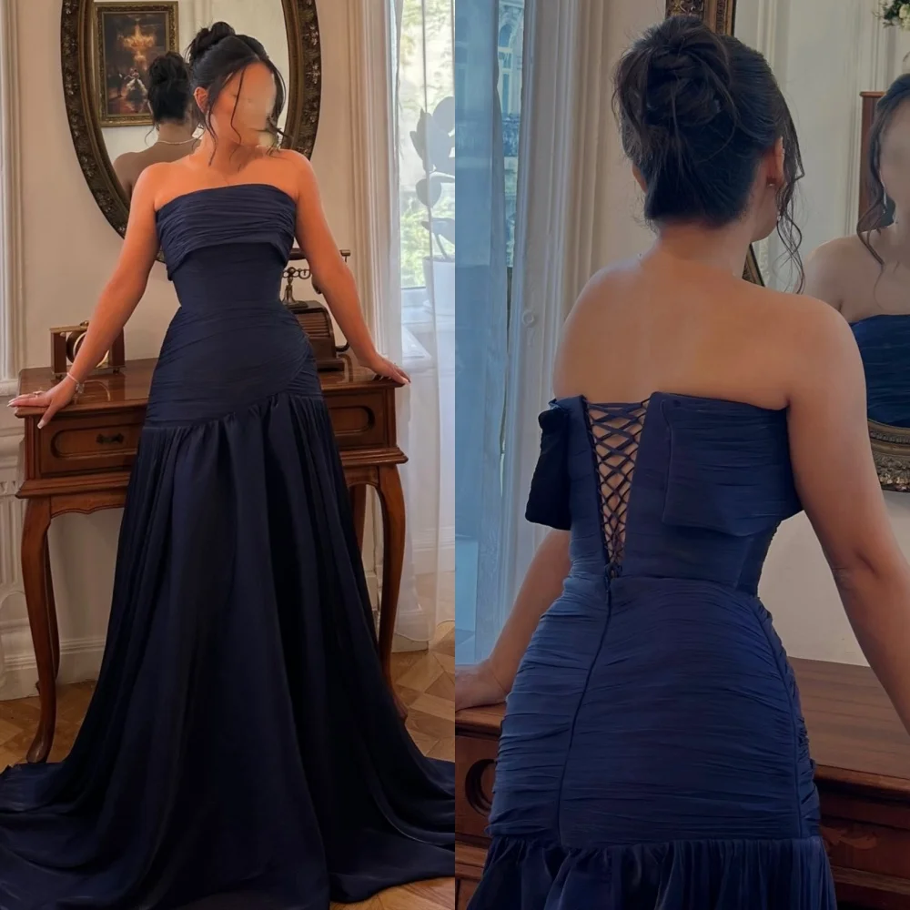 

Customized High Quality Simple Jersey Ruched Pleat A-line Strapless Long Dresses Bespoke Occasion Dresses Sizes Available Retro