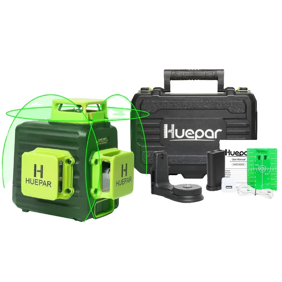 Huepar 3D Cross Line Self-leveling Laser Level 12 lines Green Beam Li-ion Battery with Type-C Charging Port & Hard Carry Case