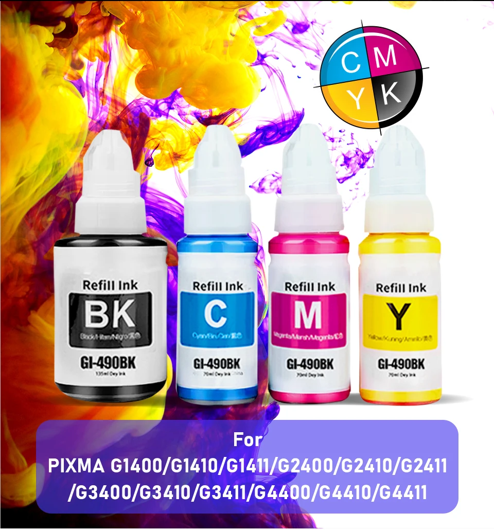 GI-490 Dye ink Refill dye ink Kit Compatible For Canon Pixma G1400 G2400 G3400 G1000 G2000 G3000 G4411G4410 Tank Printer Ink