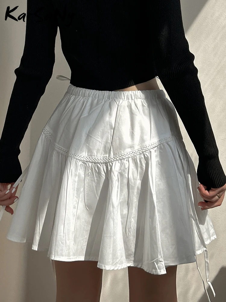 White Mini Skirts Women Summer A-line Lace Up Short Skirts With Shorts Elastic Waist Pleated Blue Mini Skirt Women School Skirt