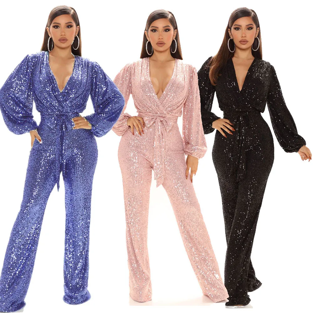 

Sexy V-neck Sequin Jumpsuit Women Fashion Overalls Autumn Winter Clothing Streetwear Lace-up Jump Suits Fitness Rompers Overall