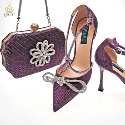 QSGFC Latest Party Women's Shoes and Bags Set Pointed Toe High Heels Full Upper Inlaid D.Purple Color Rhinestones