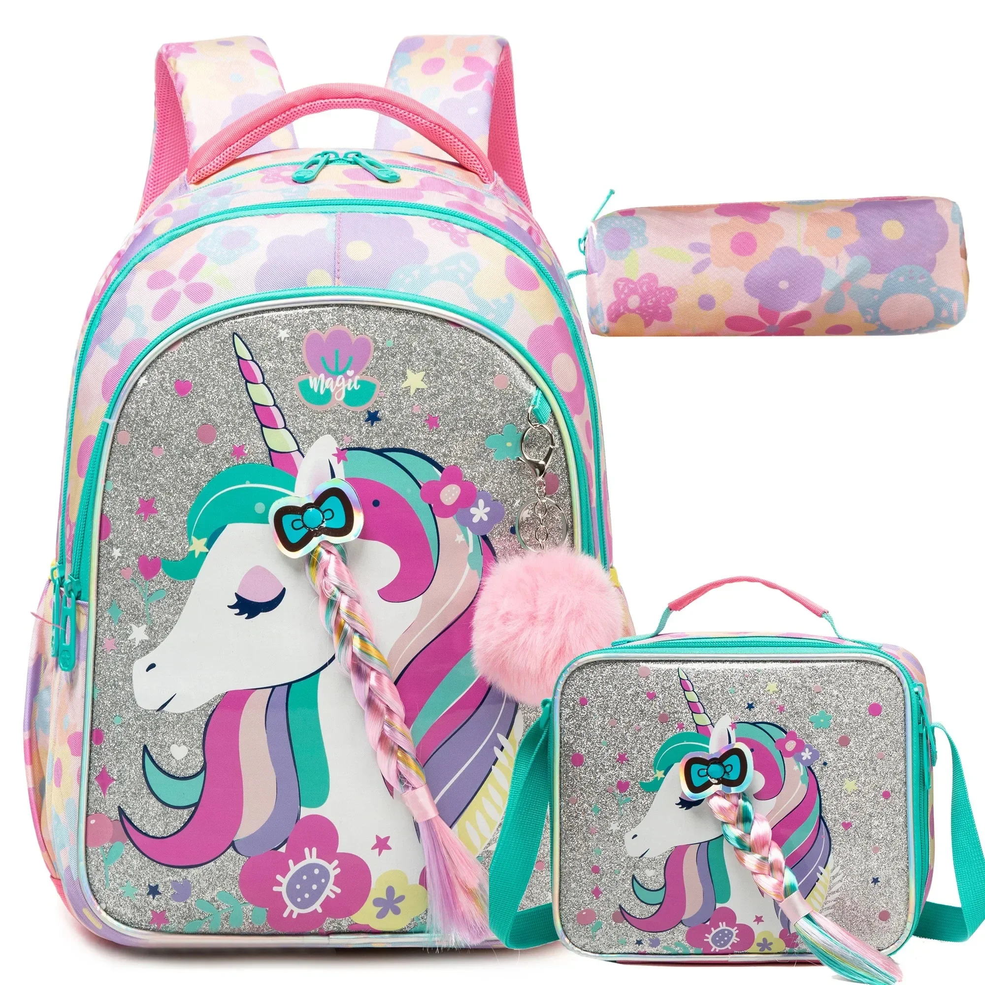 3PCS Girls School Backpack Set with Lunch Bag Cute Elementary Bookbag Combo for Kids Lightweight Durable Back To School Gift