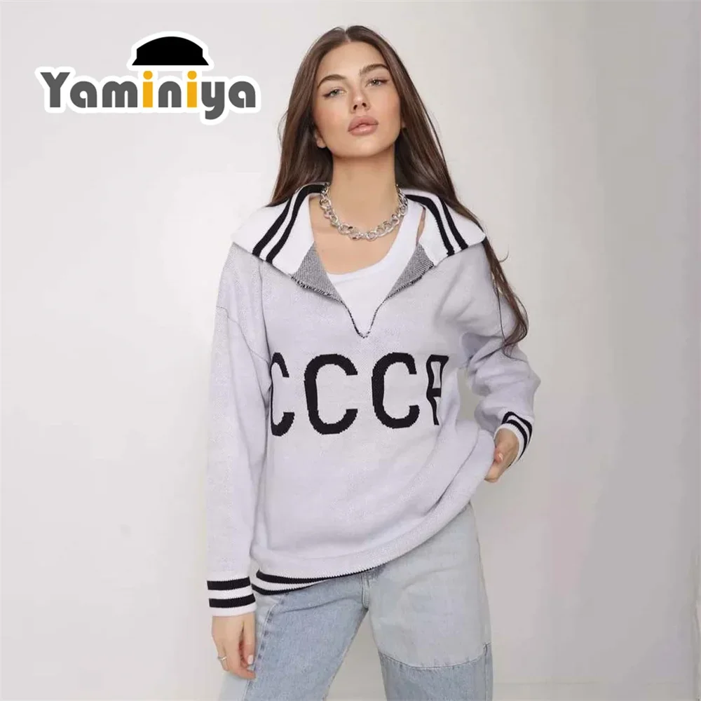 Yaminiya 2024 New Women's Sweater Knitted Long Sleeve Lapel Letter Knitted Women's Jumper Simple Fashion Casual Shirt Women