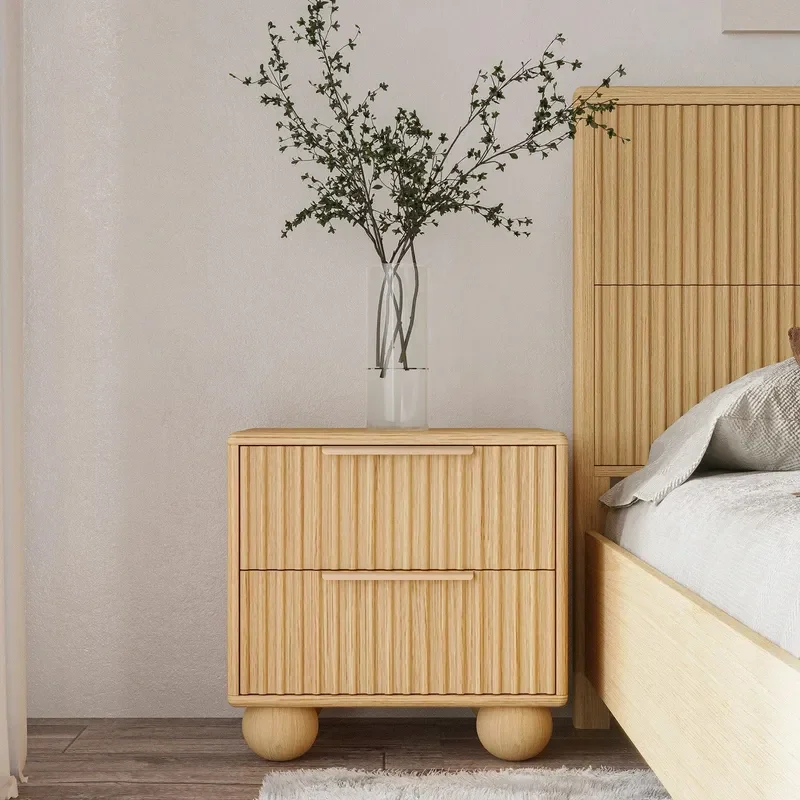 for Nordic Classic Vintage Wooden Rectangle 2 Drawer Bedside Table with Corrugated Solid Wood Feet Bedroom Furniture Factory