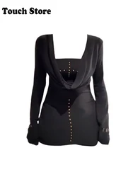 Women Harajuku Top Coquette 2000s Two Piece Sets T-Shirt Long Sleeve Tees Gyaru Japanese Y2k Goth Dark Academia Abi Hot Gothic
