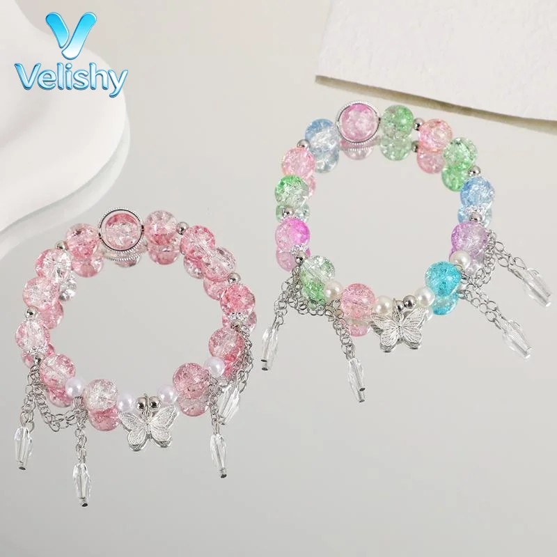 Bracelet Papillon Coloré pour Femme Style Coréen Perles et Pompon Bohème Réglable Tendance Chic Accessoires pour Fête d'Été