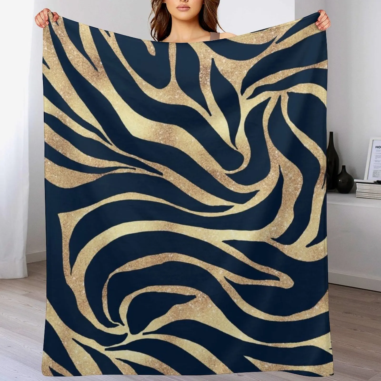 

Elegant Navy Blue Gold Zebra Print Throw Blanket Cozy Microfiber Throw Blanket for Home Bedroom