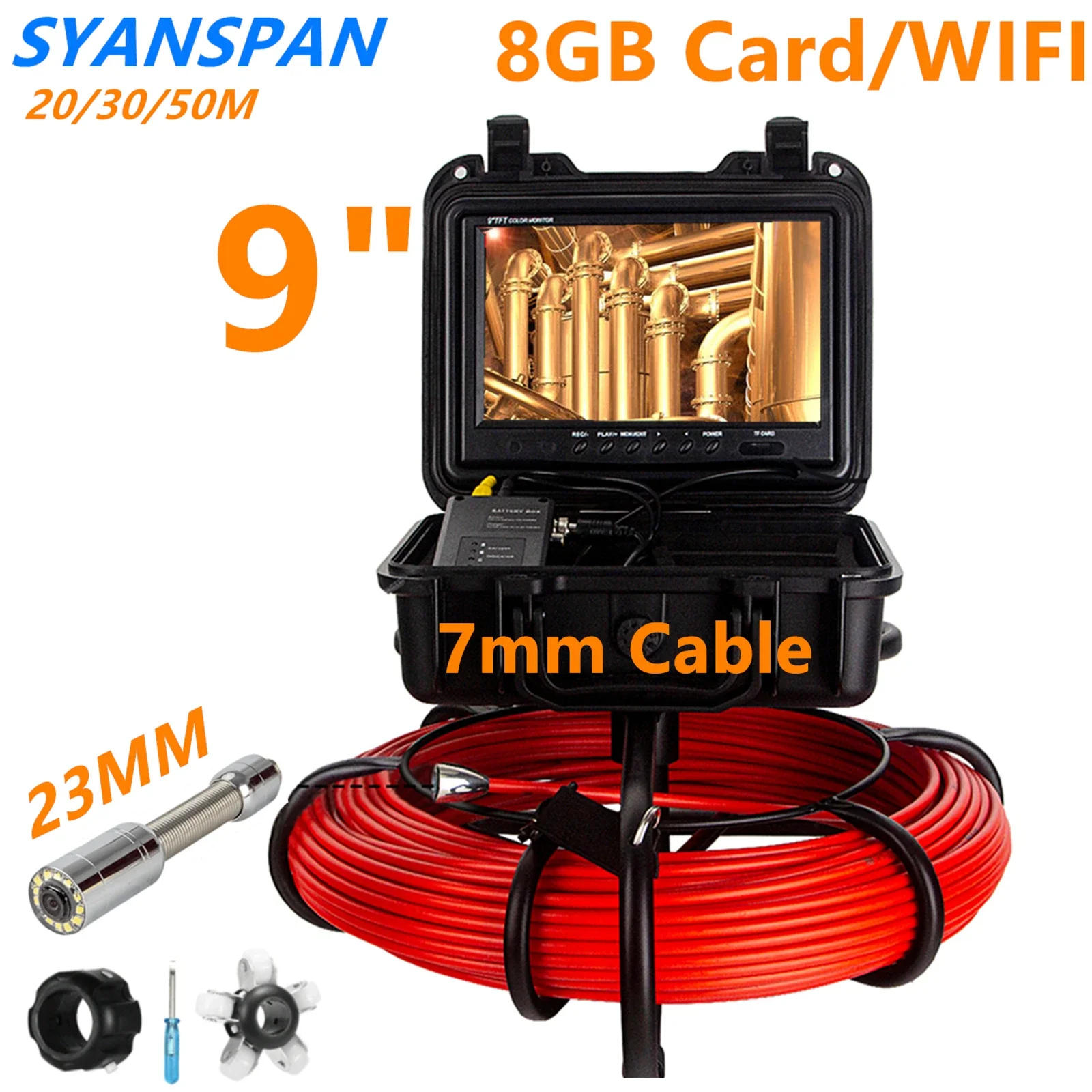 

SYANSPAN Pipe Inspection Camera Bendable 17MM 9''Display 7mm Cable , Gutter Drain Sewer Pipeline Endoscope support Android/IOS