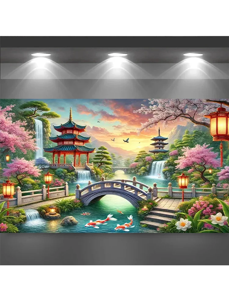 Grand bricolage fleur de cerisier jardin pavillon Koi paysage diamant peinture plein carré rond diamant art mosaïque bijoux point de croix