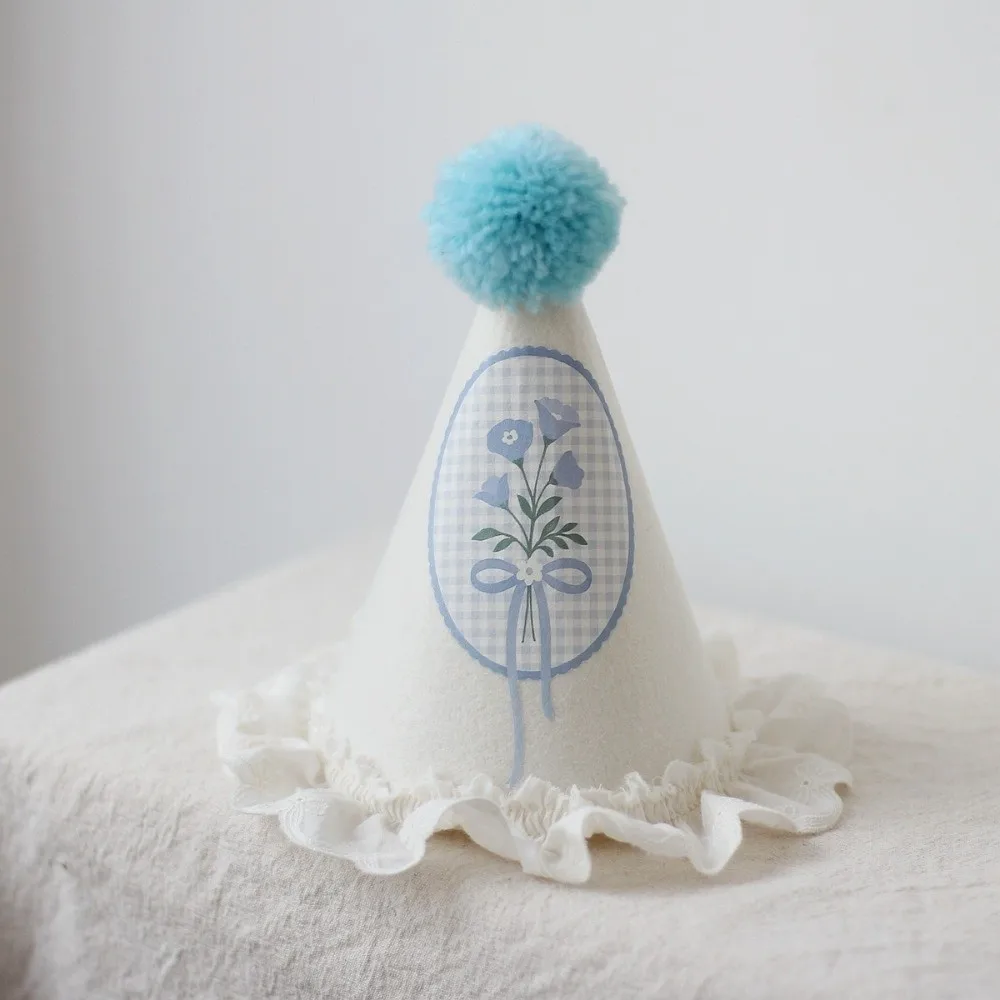 Cute Headwear Birthday Hat Lace Photo Props Wool Ball Cap Princess Style Flower Blue Hat Birthday
