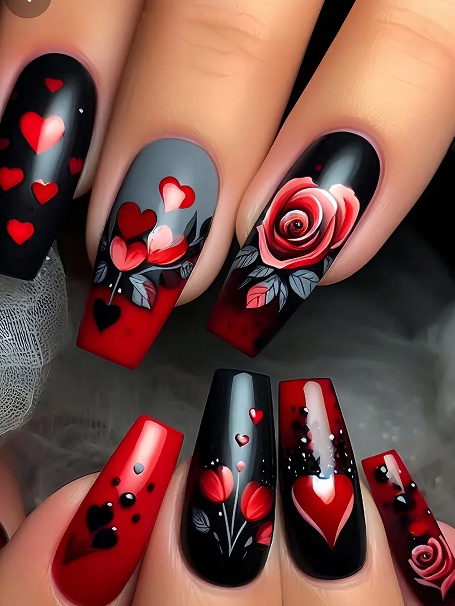 24 pegatinas para uñas con forma de ataúd para el día de San Valentín, el día de la madre o para la moda diaria, degradado rojo y negro, diseño de ramo de rosas y corazones.