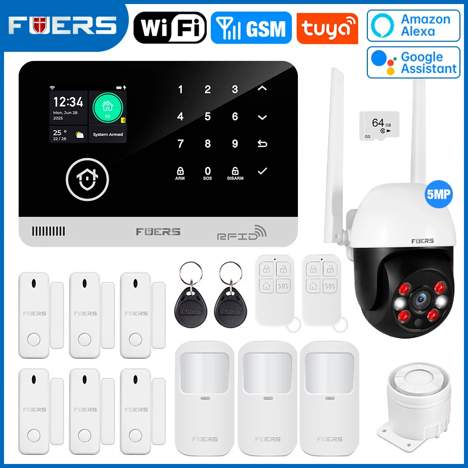FUERS Alarmsysteem voor thuis WIFI GSM Beveiligingsalarm Host Ant-diefstal met deurbewegingssensor Tuya Smart App-bediening werk Alexa