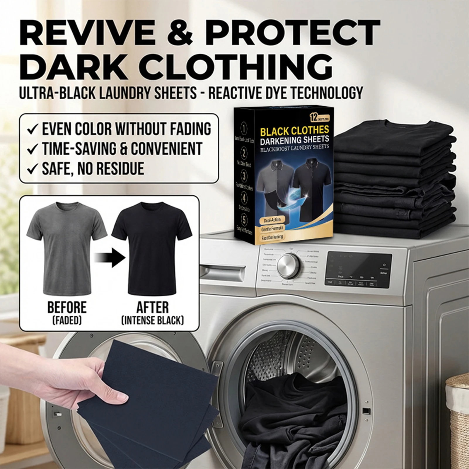 

Black Clothing Color Restorer Sheet Works Effectively Cotton, Linen, And Blends. Professional-grade Fabric Care At Home.