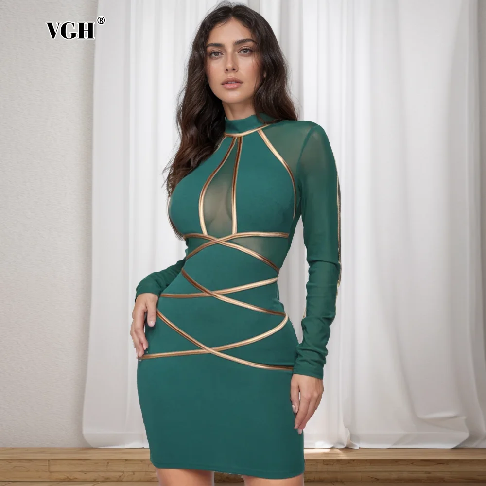 

VGH High Street Bodycon Dresses For Women Turtleneck Long Sleeve Patchwork Appliques Mini Dress Female Clothing 2024 New