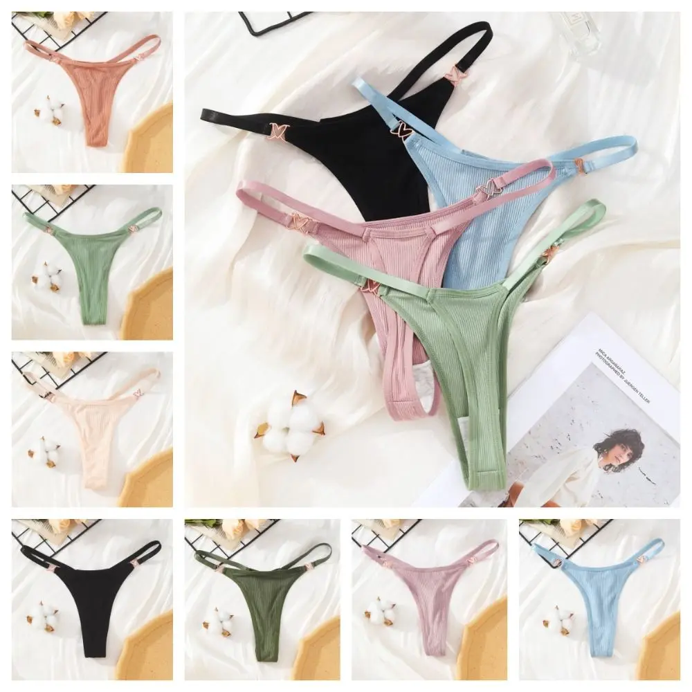 Comfortable Solid Color Sexy Cotton Thong Heart Buckle G-String Thread Panties Underwear Low Waist Traceless Briefs Lady