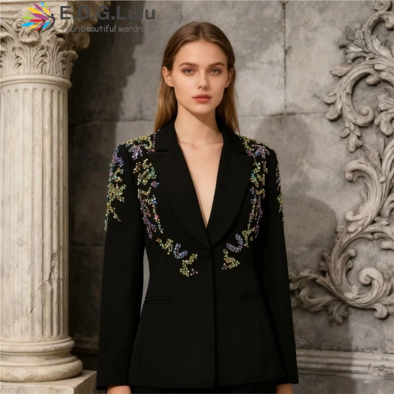 EDGLuLu Korean Fashion Sequin Patchwork Blazer Turn-Down Collar Long Sleeve Black Coat Ladies Office Lady 1116