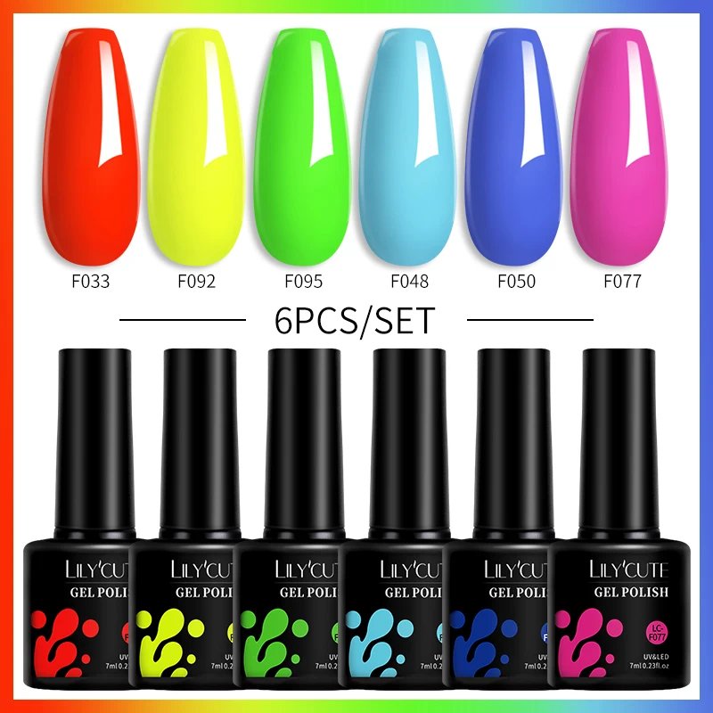 LILYCUTE 6Pcs/Set Neon Gel Nail Polish Set Kit Fluorescent UV LED Nail Art Gel Vernis Semi Permanent Base Top Coat Varnish