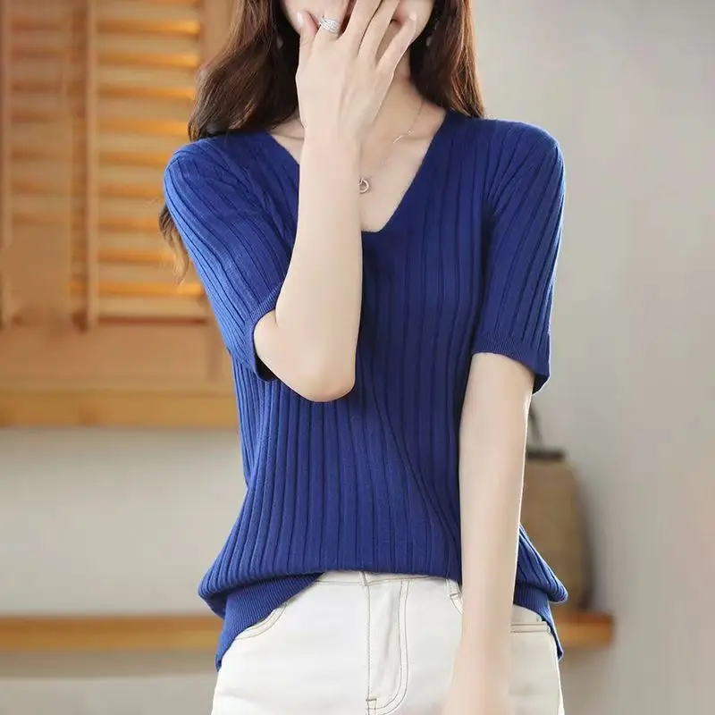 

Elegant Fashion Sweet Soft Rib Knitwear Women Casual V Neck Short Sleeve Slim Knitted Sweater Pullover Ladies Basic Tops Q311