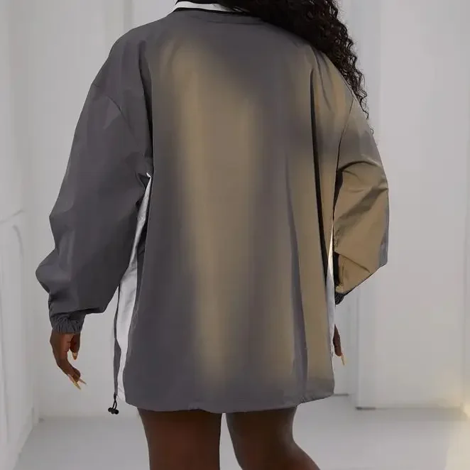 2025년 가을 여성 의류 미국 스트리트 캐주얼 여성 레터 프린트 컬러 블록 루즈 후드티 브이넥 긴팔 블라우스